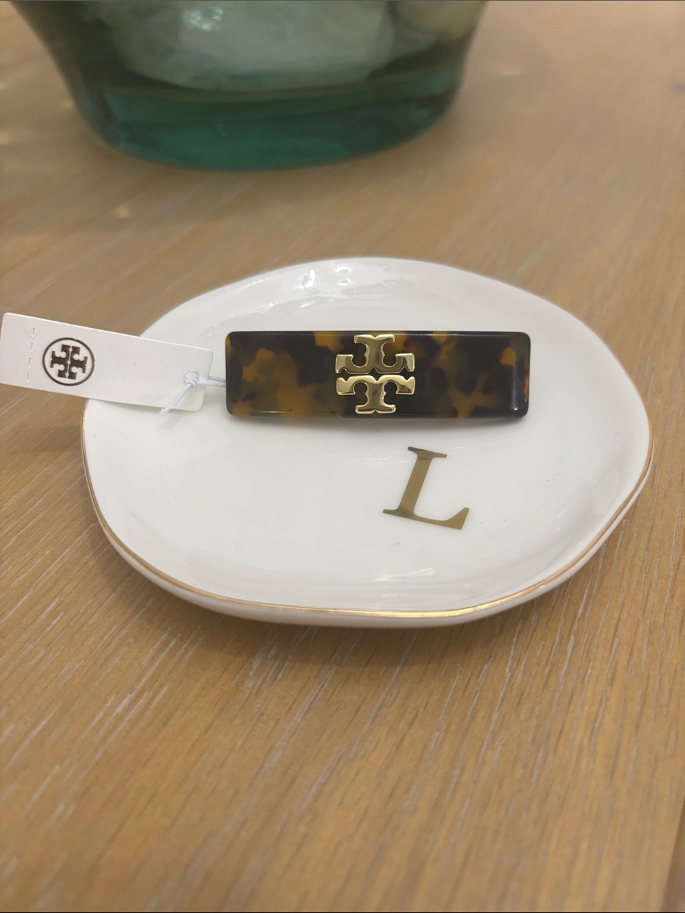 Tory Burch Tortoiseshell Rectangular Logo Barrette - Brown/Gold